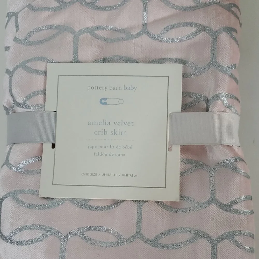 Pottery Barn Baby Amelia Pink and Silver Velvet Crib Skirt NWT